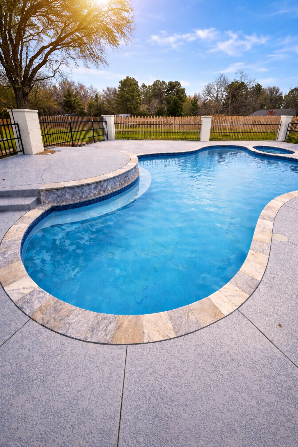 Luxury custom swimming pool in East Texas with raised spa and golden sunlight filtering through trees