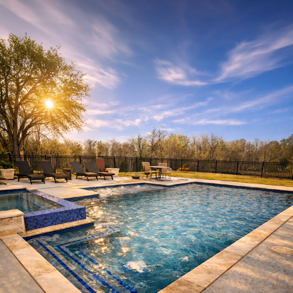 Custom inground swimming pool with raised spa and modern stone coping in East Texas backyard