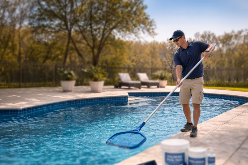 Professional pool technician performing routine pool cleaning and maintenance in East Texas backyard