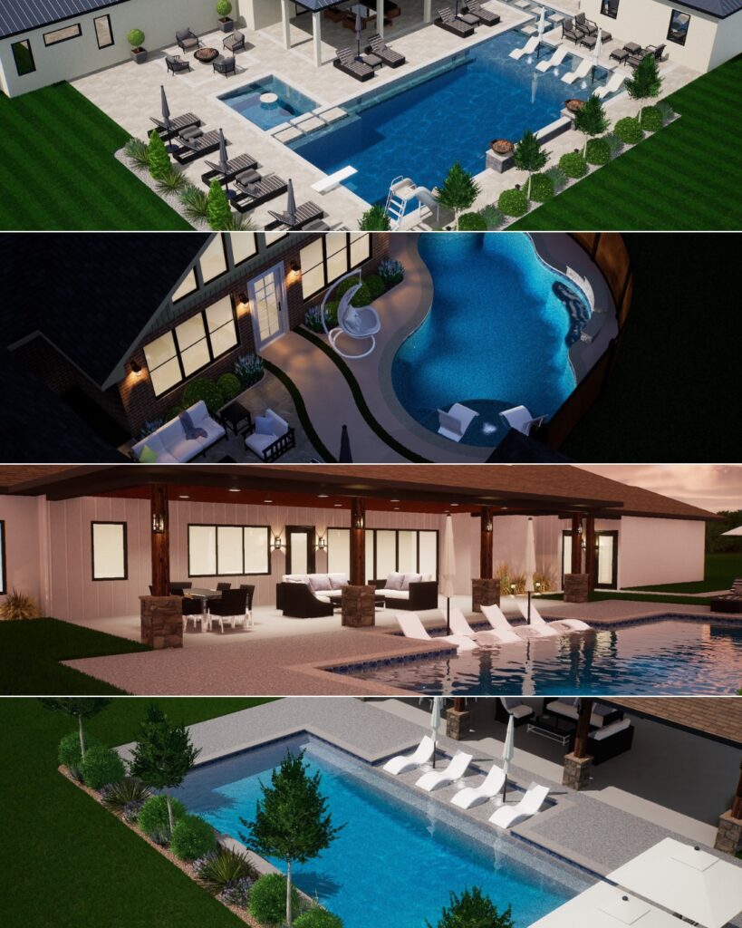 Custom pool design 3D renderings showing backyard pool layouts, tanning ledges, spa, and outdoor living spaces before construction by Paradise Pools & Plaster.