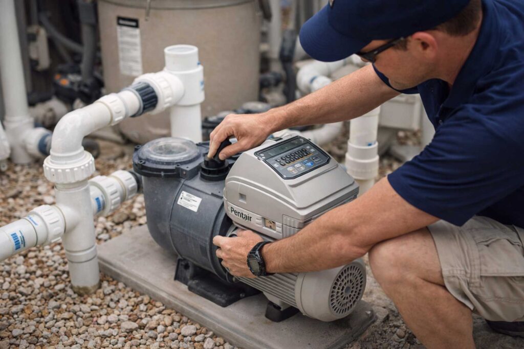 pool technician servicing a pentair variable speed pool pump with pvc plumbing at residential pool equipment pad