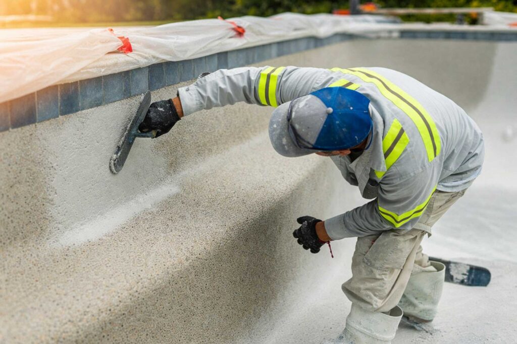 Pool technician applying pebble plaster finish to swimming pool during renovation